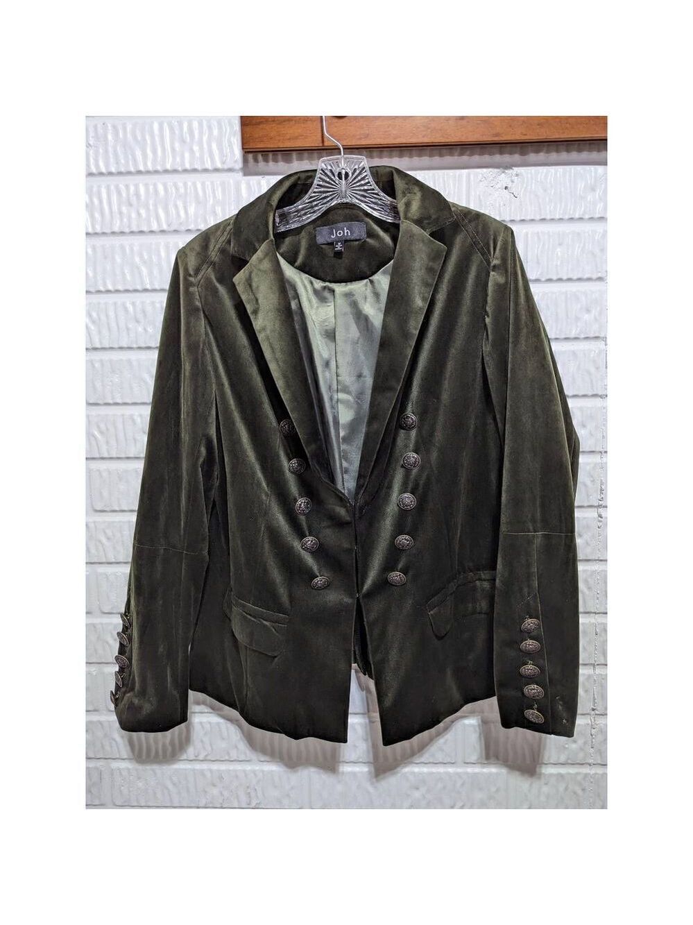 Joh Women's Olive Green Velveteen Double Breasted Buttons Blazer Jacket Medium
